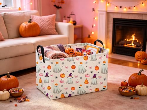 Image of Sanjiaofeng Rectangular Pink Halloween Ghost Storage Basket,Trick or Treat Halloween Basket,Halloweens Party Candy Gift Baskets(Pink Pumpkin)