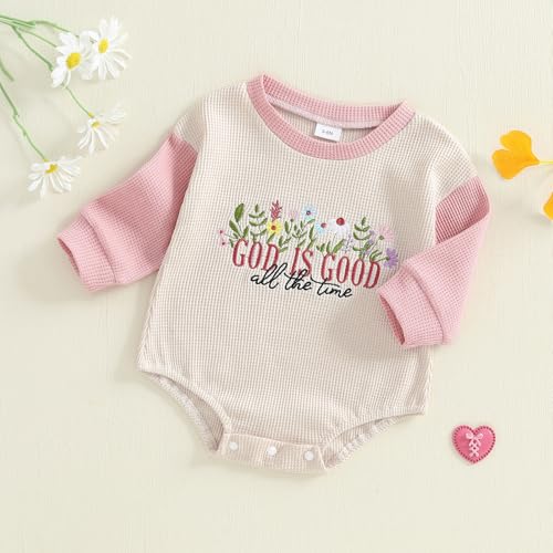 Baby Girl Christian Clothes God is Good Flower Embroidery Bubble Romper Waffle Long Sleeve Bodysuit Fall Outfits4
