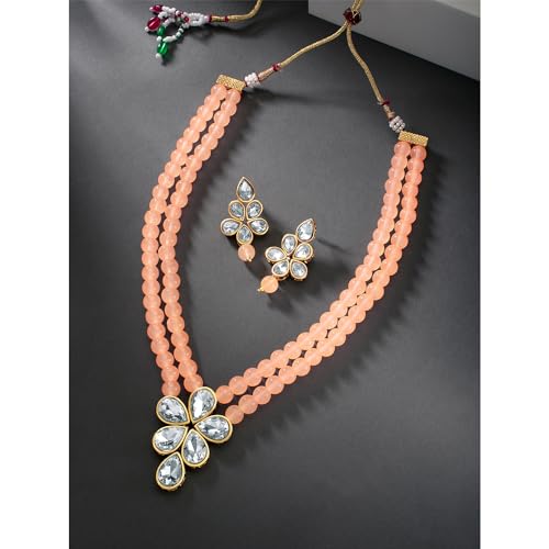 Image of Peora Crystal Faux Pearl Kundan Necklace & Jewellery Set Gift for Women