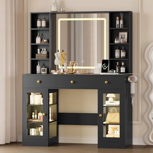 Image of Makeup Vanity Desk with Mirror and Lights, 43 inch Black Vanity with Glass Top, Jewelry Storage, 3 Drawers & Glass Cabinets, Power Outlet & Adjustable LED Lights, Dressing Table for Women & Girls Bedroom