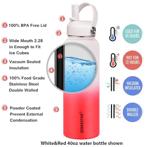 Image of SENDESTAR Water Bottle 40oz Double Wall Vacuum Insulated Leak Proof Stainless Steel Sports Water Bottle-Wide Mouth with New Flex Straw Lid & Spout Lid (White&Red)