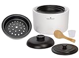 KeMar Reiskocher 2,5l mit Keramiktopf - Keramik (Donabe, Tonkeramik, Tontopf, Keramiktopf) - Weiß, 900W - Schongarer, Dampfgarer, Warmhaltefunktion (KCC-280 + Dämpfeinsatz)