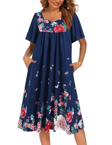 Image of Ekouaer Women's House Dress - Pleated Nightgown with Short Sleeves & Pockets