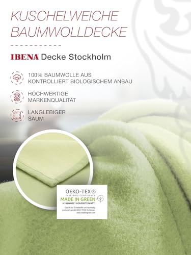 Ibena Stockholm Bio Wolldecke 140x200 cm - 100% Baumwolle, Made in Germany, Baumwolldecke grün hellgrün zweifarbig