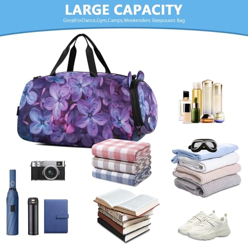 Purple Flowers Duffle Bag for Girl, Sports Duffle Gym Bags with Shoe Compartment, Personalized Overnight Bag Travel Weekender for Kids4