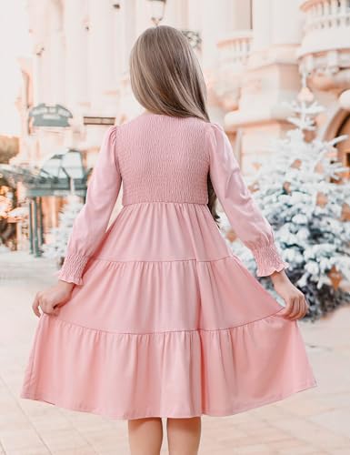 DREAM BUS Toddler Fall Casual Dress - Girl's Smocked Long Sleeve Midi Dress - Tiered A Line Party Flowy Dress3