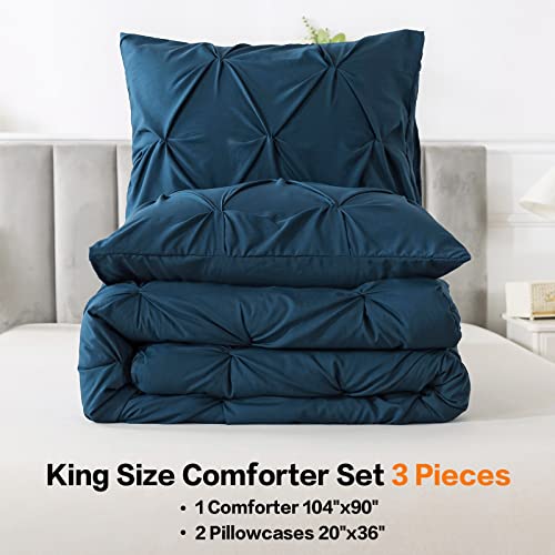 Andency Navy Blue Pinch Pleat Comforter King(104X90Inch), 3 Pieces (1 Pintuck Comforter, 2 Pillowcases) Microfiber Down Alternative Comforter Bedding Set #TOP1