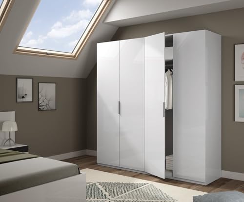 Dmora - Guardaroba grande Knoxville, Armadio per camera da letto a 4 ante battenti, Mobile con 2 ripiani e barra appendiabiti, 180x52h200 cm, Bianco
