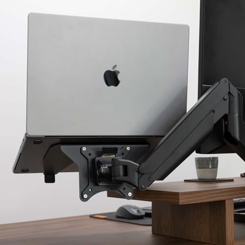 Image of Desky Universal Laptop Mount - Adjustable VESA-Compatible Holder for 10 inch-17 inch Laptops, Fits 75x75 & 100x100mm Monitor Arms, Anti-Slip Pads, Ventilated Tray - Black
