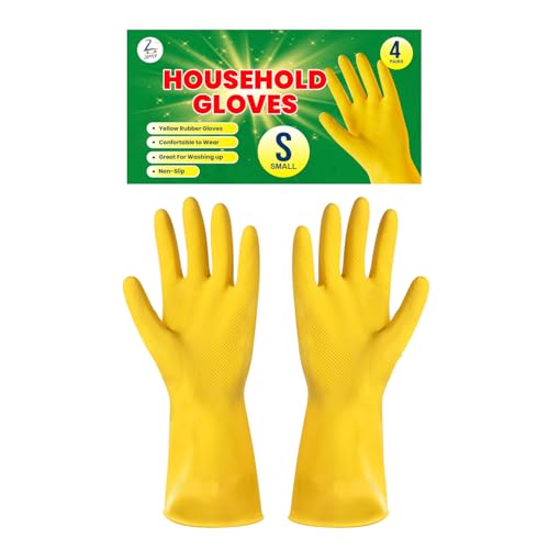 ZOPPER Household Cleaning Gloves Small 4 Pairs - Kitchen & Dishwashing Gloves with Non-Slip Grip Waterproof Durable Gloves for Bathroom Household Cleaning Tasks Yellow Rubber