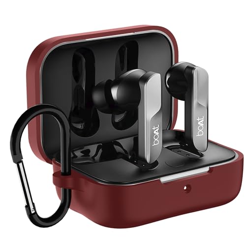 Image of Sounce Earphone Case Cover for Boat Airdopes 800 TWS Soft Silicone Skin Case Cover Shock Absorbing Protective Case with Keychain [Front LED Visible] - Maroon