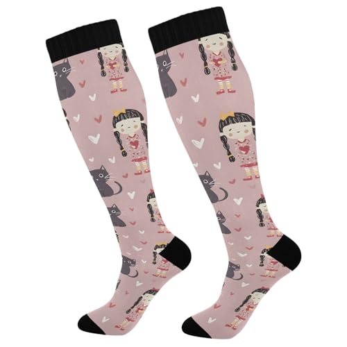 Girl Cat Pattern Compression Socks Athletic Tube Unisex Knee High Outdoor Sport Sock For Running