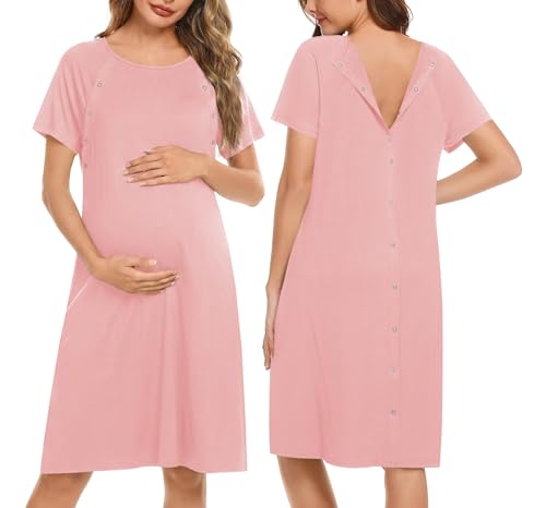 Image of Ekouaer Women’s Nursing/Delivery/Labor/Hospital Nightdress Short Sleeve Maternity Nightgown with Button S-XXL