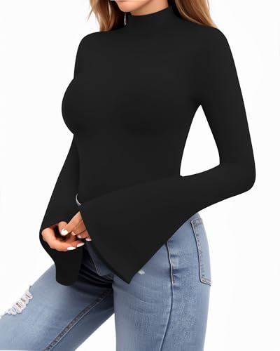 MANGOPOP Long Sleeve Mock Neck Shirts for Women Bell Sleeve Turtle Neck Tops Basic Going Out Tee Blouse3