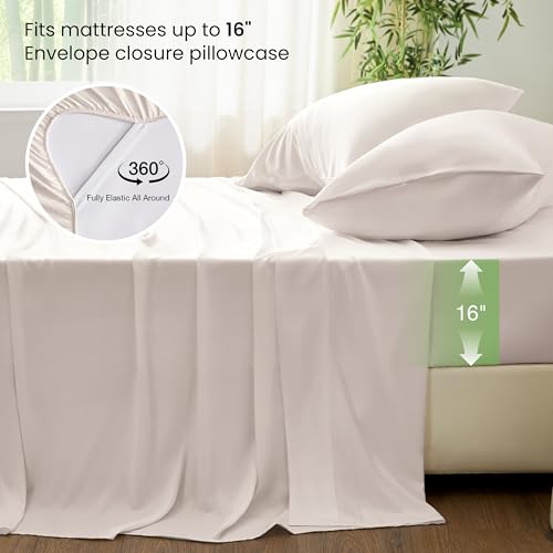 Image of Love's cabin 4 Piece Full Size Sheet Set, 100% Rayon Derived from Bamboo, Cooling & Breathable, Soft Silky Deep Pocket up to 16 inch, Hotel Luxury Bedding for Hot Sleepers, Sand