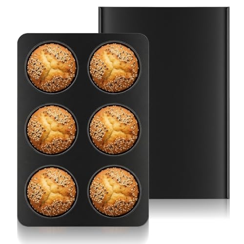 kenaeooe English Muffin Pan - 6 Cup Stainless Steel Muffin Pan with Lid Straight Side Nonstick Jumbo Baking Mold for Hamburger Buns Cinnamon Rolls Quiche & Pancakes (Dark Gray)
