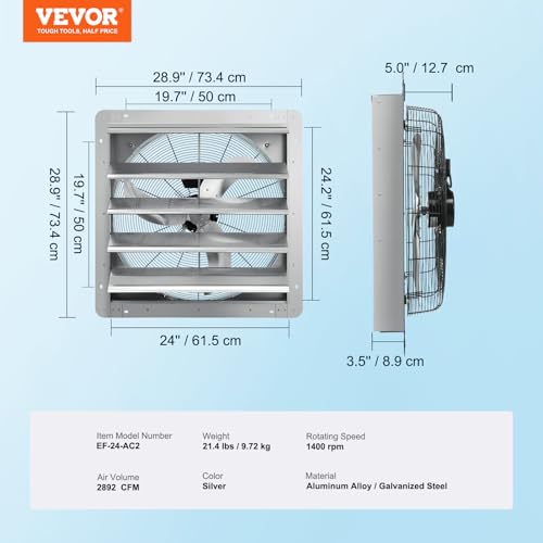 VEVOR 24'' Exhaust Fan, Wall Mounted Attic Fan with Variable Speed, 3320 CFM, Automatic Shutter, Ventilation and Cooling, Silver, Fan Only