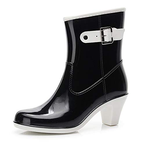 AELEGASN Bota Agua Mujer Jardín Trabajo Lluvia Botas Antideslizante Wellington Boots Tacones Altos Negro, Blanco, Rosa, Caqui 36-39,Negro,39