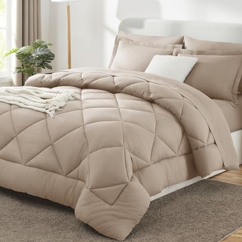 Image of CozyLux Queen Comforter Set Wheat - Bed in a Bag Queen Size 7 Pieces, Luxury Soft Bed Set for All Seasons, Bedding Set with Down Alternative Comforter, Sheets, Pillowcases & Shams