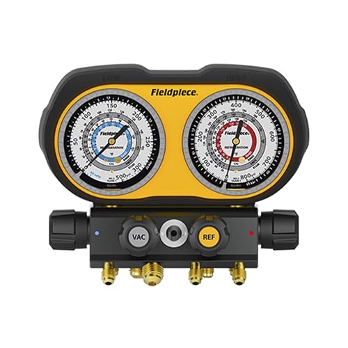 Fieldpiece GS434F 4-Port Analog Gauge Set HVACR Refrigerant Manifold with Sight Glass Swappable Hose Holders & High-Grip Knobs Reliable Field Diagnostics