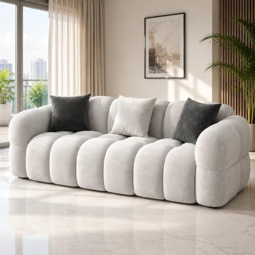Image of FURNY Luxury Nimbus 3 Seater Bubble Cloud Sofa Set for Living Room | Boston Fabric Upholstered | Modern Cushioned Comfortable Couch for Home Office & Drawing Room | Light Grey