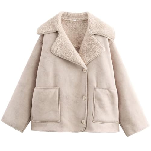 Perbai Women's Lapel Fleece Lined Single Breasted Faux Suede Jacket Oversized Leather Trucker Coat3