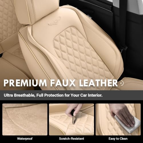 Image of Coverado Rear Seat Covers, Soft Waterproof Faux Leather Rear Protectors for Sedan SUV Truck, Minimalist Comfortable Anti-Stain Interior - Beige