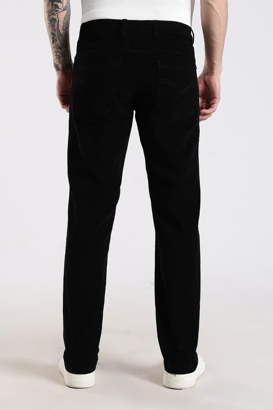 Image of NEVER NEUD Men's Corduroy Trousers, Stylish Mid Rise Straight Fit Pants for Men, 98% Cotton 2% Elastane, Button Closure, 4 Pockets (Black, 32)