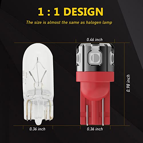 Phinlion 194 Led Light Bulb Red Super Bright 168 2825 W5W T10 Wedge 6-Smd 3030 Chipsets Led Replacement Bulbs For Car Dome Map Parking Door Courtesy Side Marker License Plate Lights #TOP3