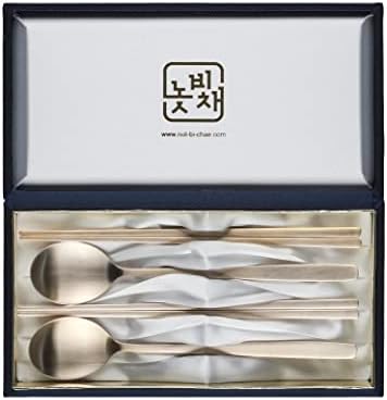 NotBiChae Premium Brassware Cutlery Spoon Chopsticks Set Korean Traditional Handmade Tableware BANGJJA YUGI with Gift Box 한국 유기 (Round Shape Set)