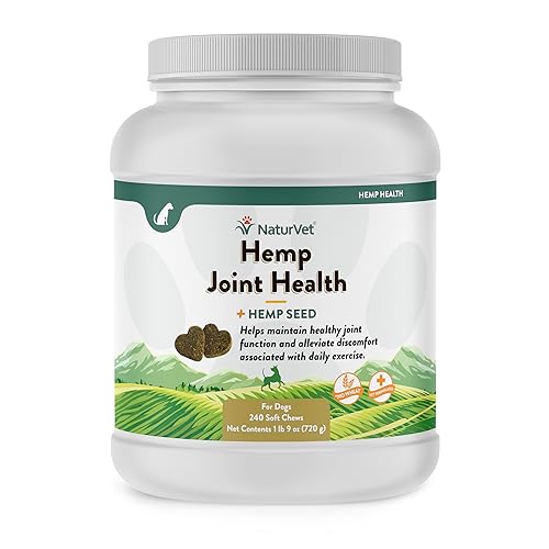 NaturVet Hemp Joint Health Hip & Joint Support Dog Supplement Soft Chew Supplements for Dogs with Glucosamine MSM Chondroitin Omega 3 Vitamins Antioxidants 240 Ct.