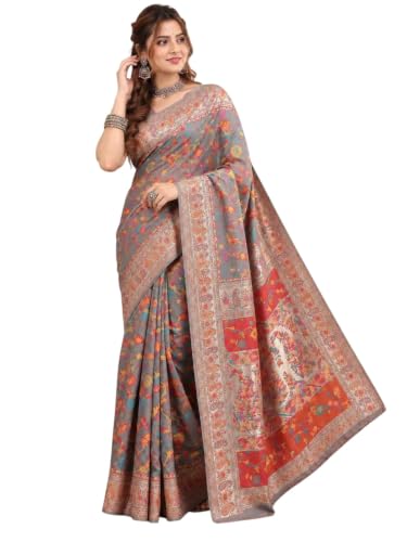 KASHMORA Jamdani Pashmina Light Grey Pure Silk Kashmiri Tradition Saree with Unstitched Blouse Piece for Women