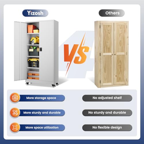 Image of Yizosh Metal Garage Storage Cabinet with Locking Doors and Adjustable Shelves,- 75 inch Rolling Steel Tool Cabinet for Home Office,Garage,Warehouse
