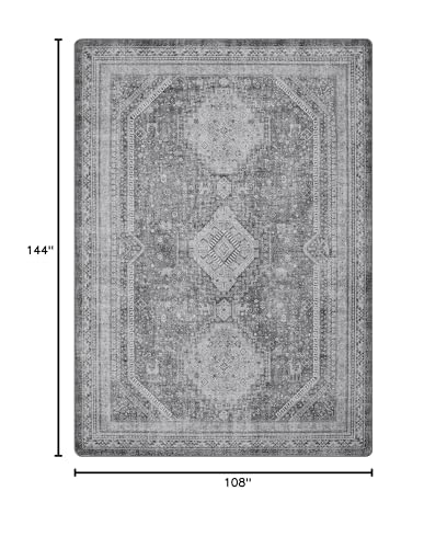 GENIMO 9x12 Area Rug for Living Room, Non Slip Machine Washable Low Pile Large Rug, Gray Indoor Vintage Lightweight for Bedroom, Dining Room & Home Office