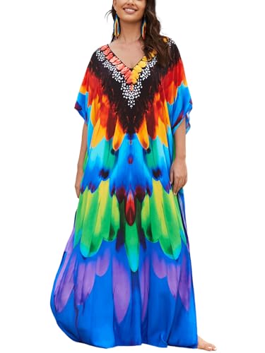 Image of IMAGEKOPE Women's Plus Size Loose Fit Moroccan Print V-Neck Batwing Kaftan Beach Dress Bathing Suit Cover Up