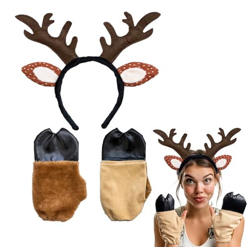 gagift world Deer Costume Set Deer Ears Headband and Front Hooves Gloves Cute Reindeer Costume Cosplay Accessories for Halloween Christmas Birthday Theme Parties