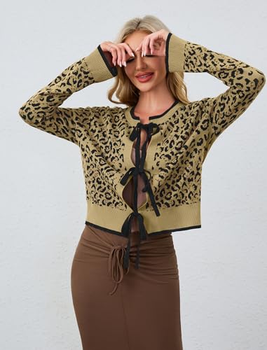 Image of Ythomm Women Leopard Print Bow Tie Cardigan Sweaters Long Sleeve Crewneck Open Front Knit Cardigan Coats Casual Loose Outwear Apricot