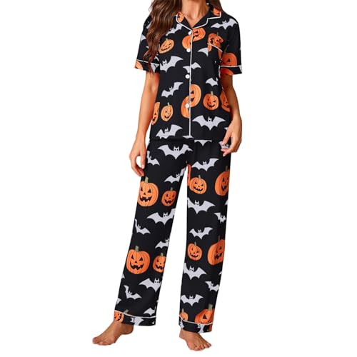 Women Halloween Pajama Set, Pumpkin Print Short Sleeve Button Closure Shirt with Pants Sleepwear Loungewear (Black A, M)