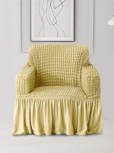 Amazon Brand - Solimo Bubble Sofa Cover with Skirt Polyester and Spandax Fabric Single Seater -Beige