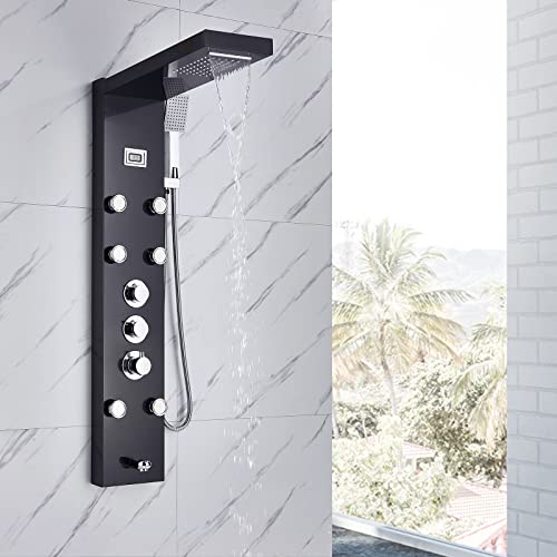 Duschpaneel Turmsystem In Gebürstetem Schwarz – Edelstahl Mit Regenfall- & Wasserfallfunktion