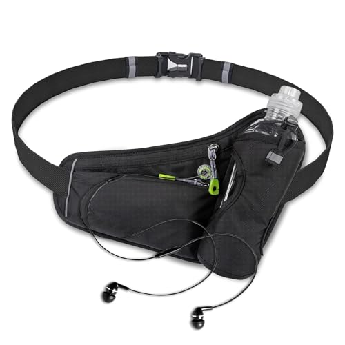 joyoyooランニングポーチ, ボトルホルダー付き, 防水ウエストバッグ, スマートフォン収納可能, 軽量, ジョギング・マラソン用 (ブラック)
