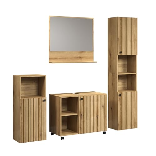 trendteam smart living - PureBliss - Badezimmer Komplettset (WBU + Spiegel 80cm + Standschrank + Hochschrank) - Evoke Eiche - Rillenoptik - Aufbaumaß (BxHxT) 180 x 190 x 40cm - Metallgriffe
