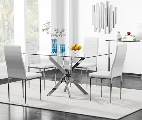 Image of 5 Piece Glass Dining Table Set for 4, Modern Kitchen Table and Chairs Set, Tempered Glass Table with 4 Upholstered Chairs, Space-Saving Dining Set for Small Apartment, Kitchen (Silver&White)