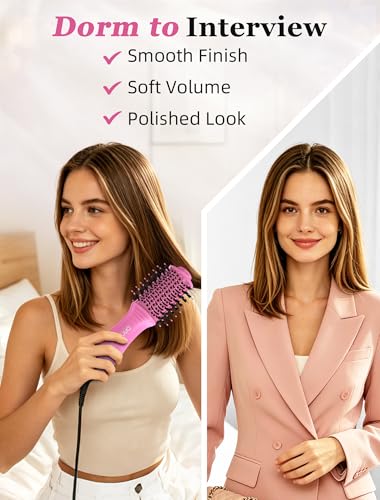 Image of Mini Travel Ceramic Blow Dryer Brush for Short to Medium Hair, 2 Inch Oval Styling Hot Air Brush with 3 Heat Settings, Lightweight Volumizing & Smoothing Tool, 120V, Pink