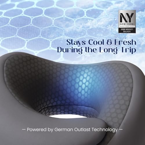 Image of Dream Valley Neck Travel Pillow, Memory Foam Travel Pillow for Airplane, Portable Roll-Up Neck Pillow with Cooling Inner Fabric, 360 Ergonomic Support, No Head Bobbing, Charcoal Gray