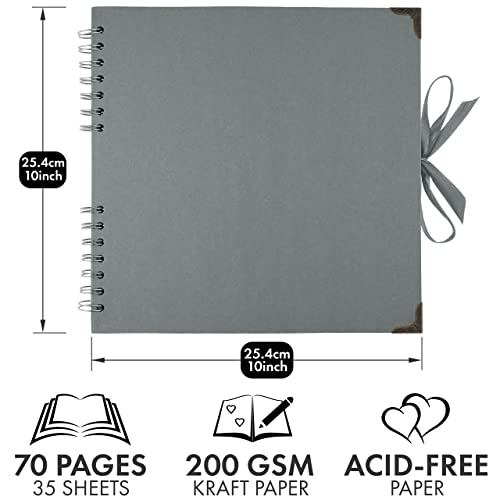Bstorify 25.4 x 25.4 Cm Scrapbook Album 70 Pages Grey Thick Kraft Paper Corner Protectors, Ribbon Closure - Image 2