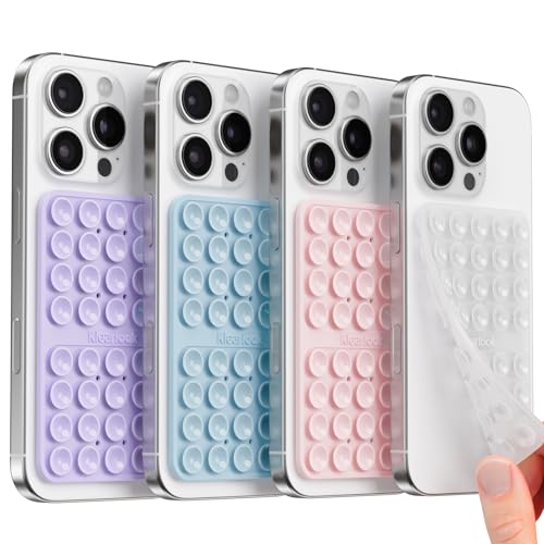 Image of 4Pack Silicone Double-Sided Suction Phone Case Detachable Mount, Octo Cup Buddy Sticky Grip for iPhone, Hands-Free Phone Accessories for Selfies and Videos, Clear & Light Pink & Light Blue & Lavender