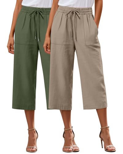 Riyiper 2 Pcs Women's Cotton Linen Wide Leg Capri Pants, Drawstring Casual Cropped Trousers Loose Palazzo Pants with Pockets(Army Green, Gray Coffee,XX-Large)
