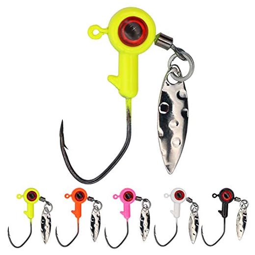 XFISHMAN Crappie-Jigs-Heads-Kit 1/8 1/16 1/32oz 50 Pack Ice Fishing Jigs Lead Head Jig Hook Lure (1/8 oz, Big Eye Jigheads-W/Spinner)