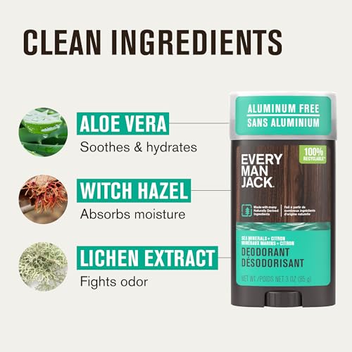 Image of Every Man Jack Sea Minerals + Citron Men's Deodorant - Stay Fresh with Aluminum Free Deodorant For all Skin Types - Odor Crushing, Long Lasting, with Naturally Derived Ingredients - 3oz (3-Pack)